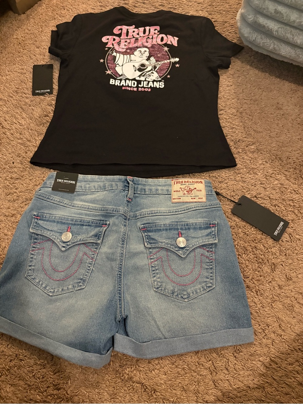 True Religion Light Blue Denim Cuffed Jean Shorts
